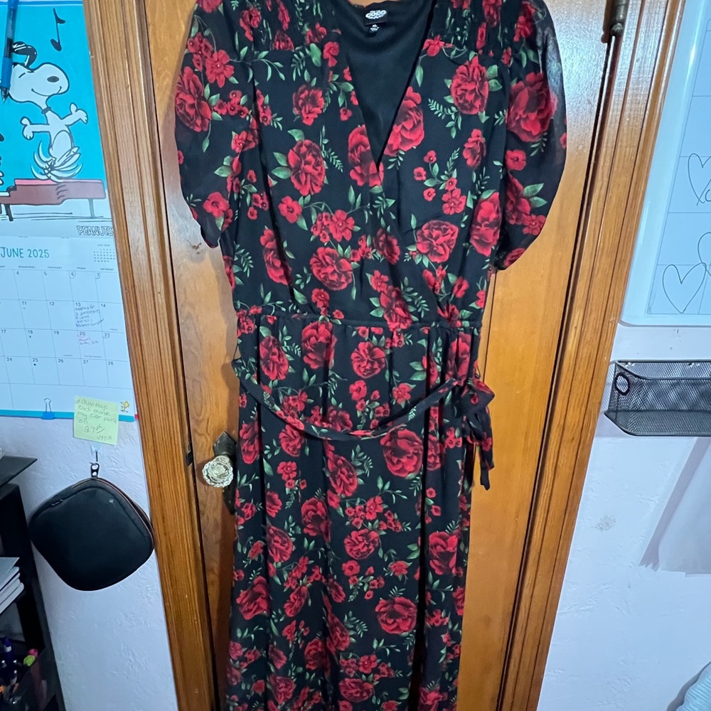 Floral Black and Red Wrap Dress